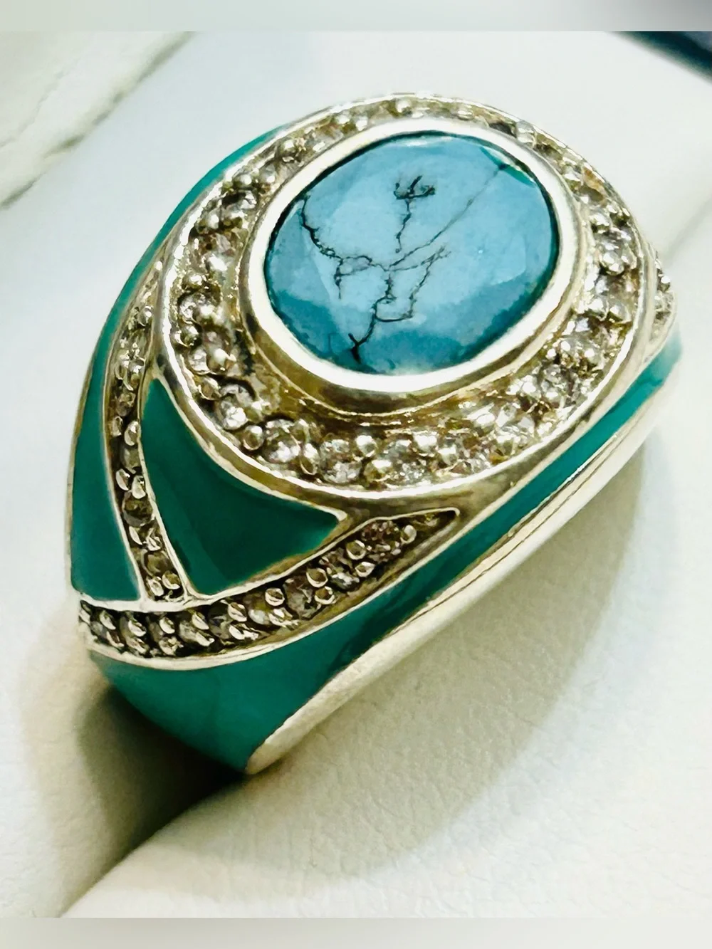 Light blue Enamel Inlay with Faux turquoise and CZ   Silver Women Ring
